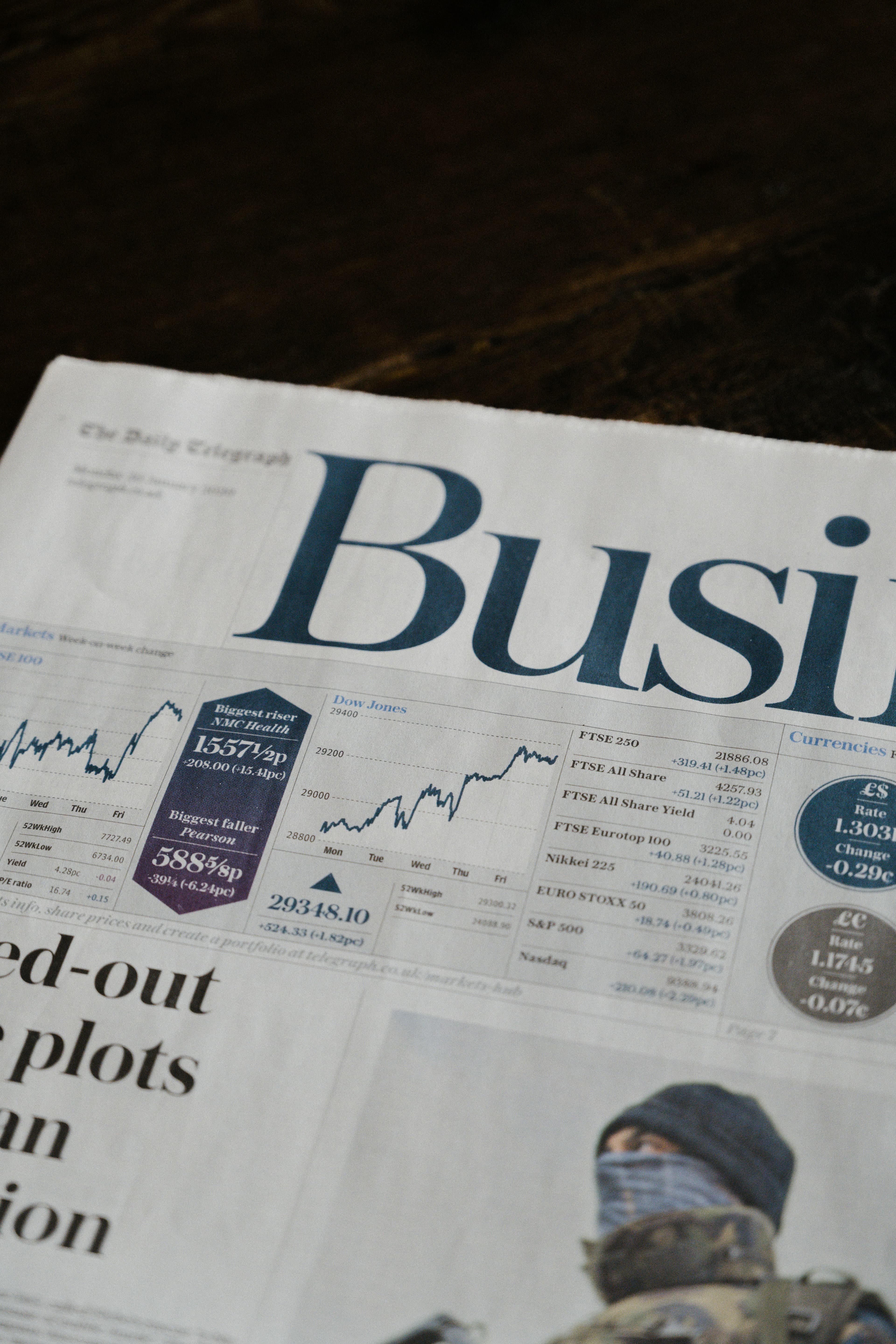 Business newspaper with financial data